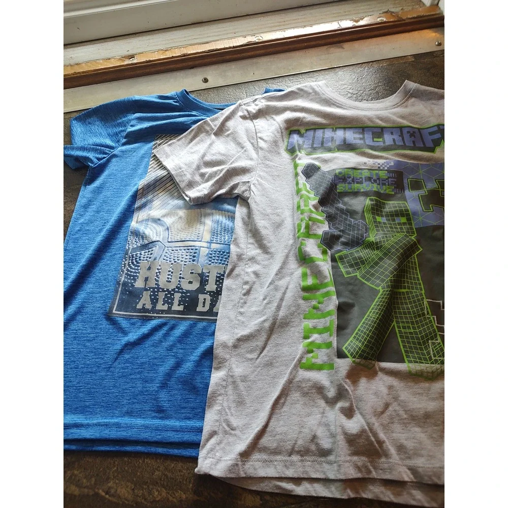 Minecraft & Power Forward Graphic Tees Boys M 10/12 Blue Grey Excellent 2 Pack